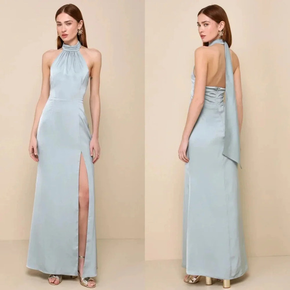 Lulu's Pristine Charisma Sage Green Satin Backless Halter Maxi Dress S Wedding - Picture 1 of 13